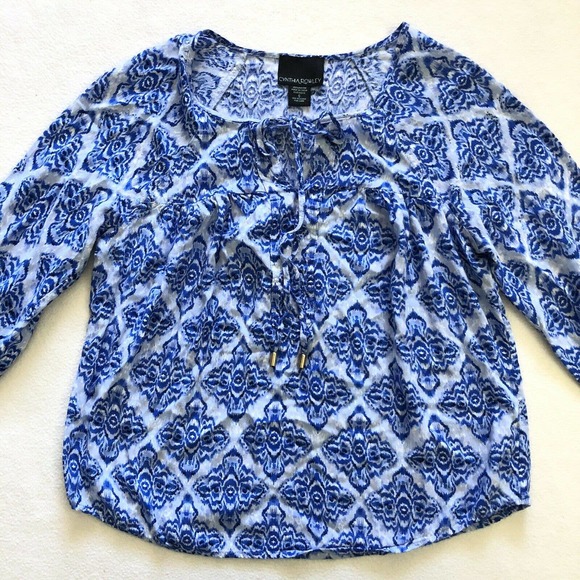 Cynthia Rowley Blue White Print Rayon Tie Long Sleeve Pullover Peasant Shirt S - Picture 8 of 10